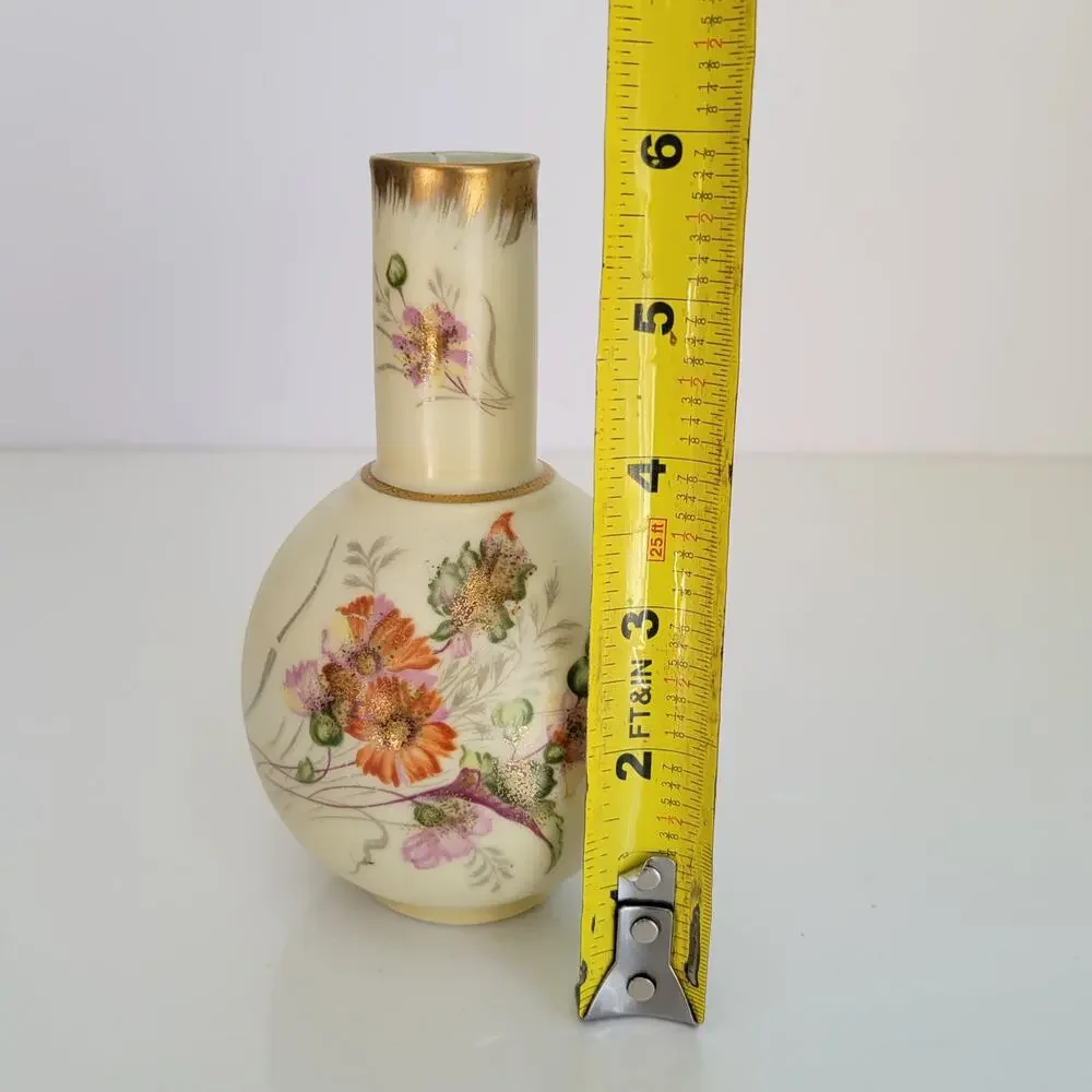 Vintage Bud Vase Hand Painted Orange Green Floral Gold Accents Cottagecore